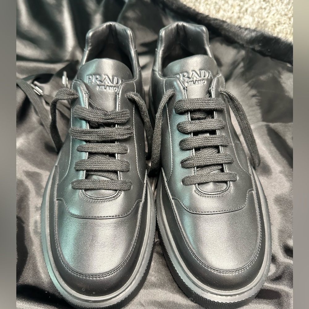 Authentic New Prada Men’s Leather Black Leather Low Top Lace Sneakers